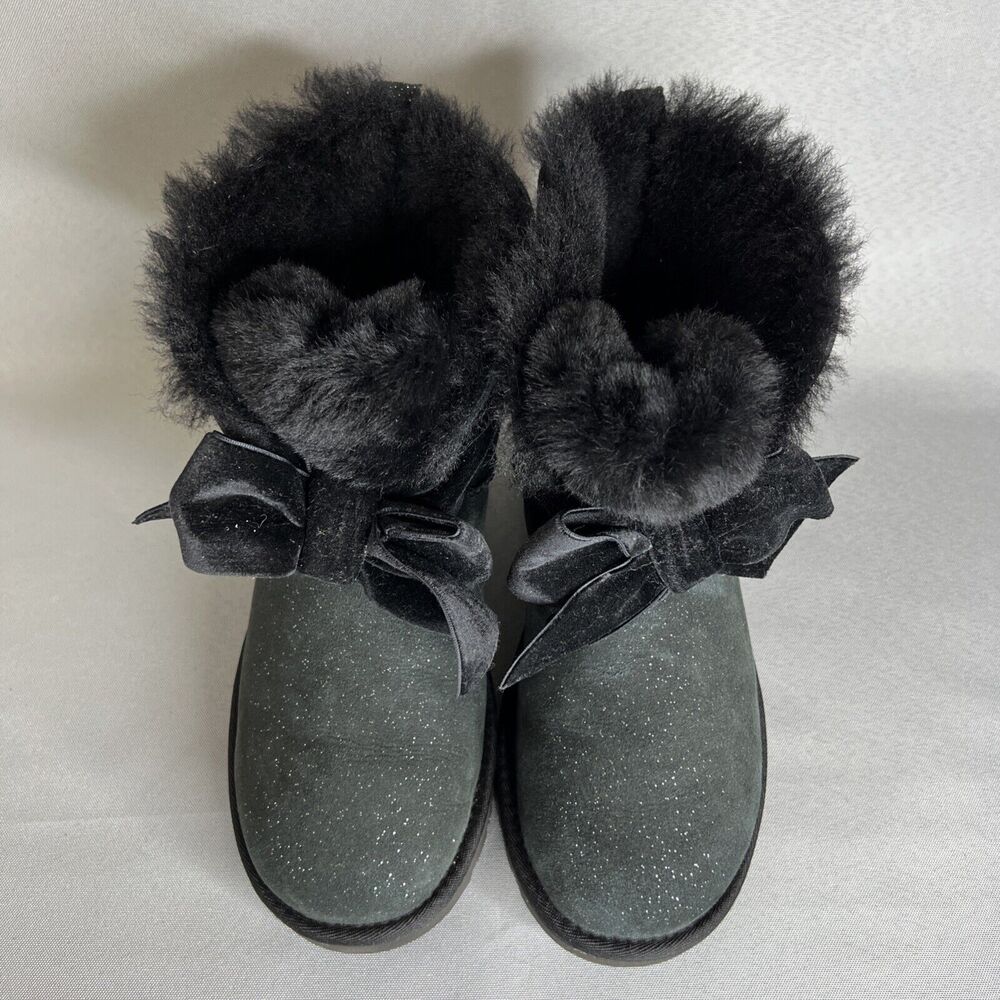 Women's Ugg Boots Sz 7 Black Gita Twinkle Bow Mini Bootie Satin Bow Glitter-like - Picture 9 of 16